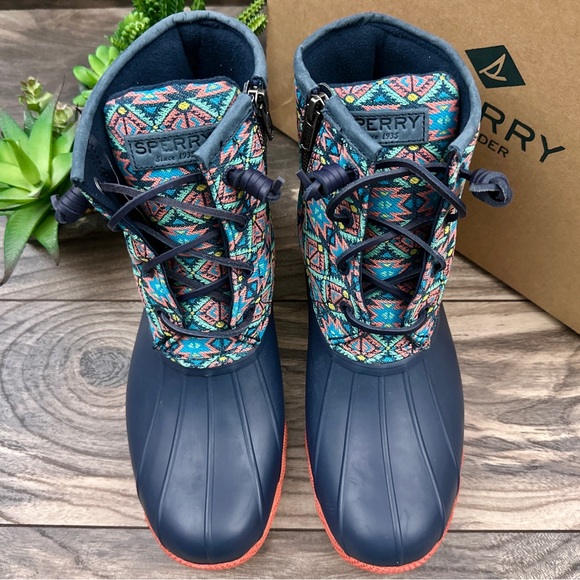 NIB Sperry Saltwater Serape Textile Geometric Navy Waterproof Duck Rain Boots - Picture 3 of 13